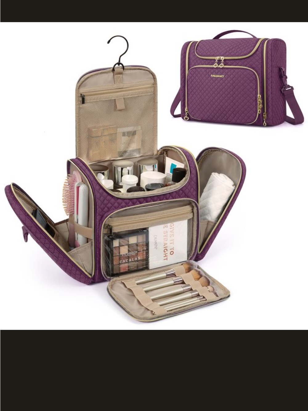Bagsmart Quilted Purple Travel Toiletry Bag with Gold Accents. Front pocket used